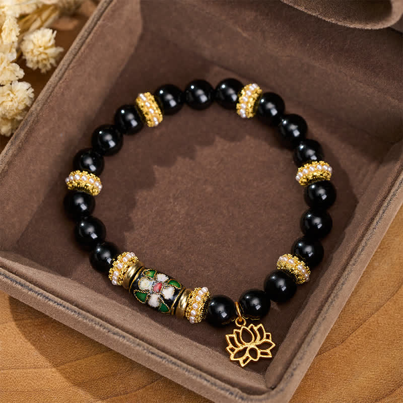 Nimara Ritual Black Obsidian CloisonnA Enamel Flowers Lotus Pendant Protection Round Bead Bracelet