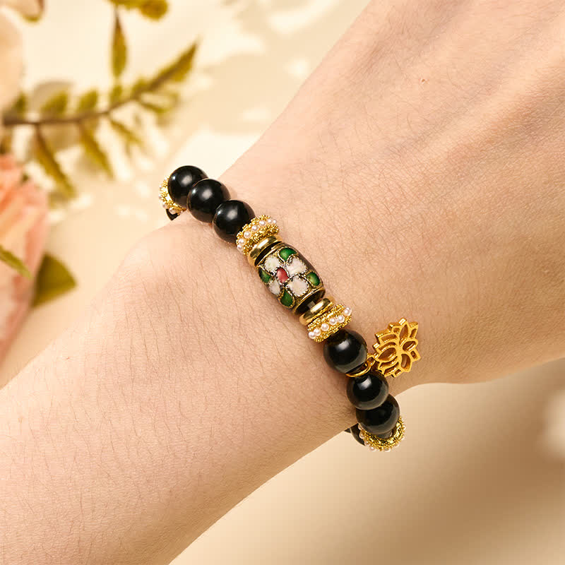 Nimara Ritual Black Obsidian CloisonnA Enamel Flowers Lotus Pendant Protection Round Bead Bracelet