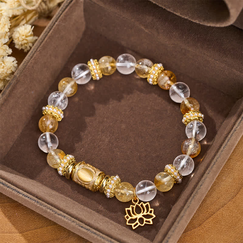 Nimara Ritual Citrine Clear Quartz Enamel Barrel Bead Lotus Round Bead Bracelet