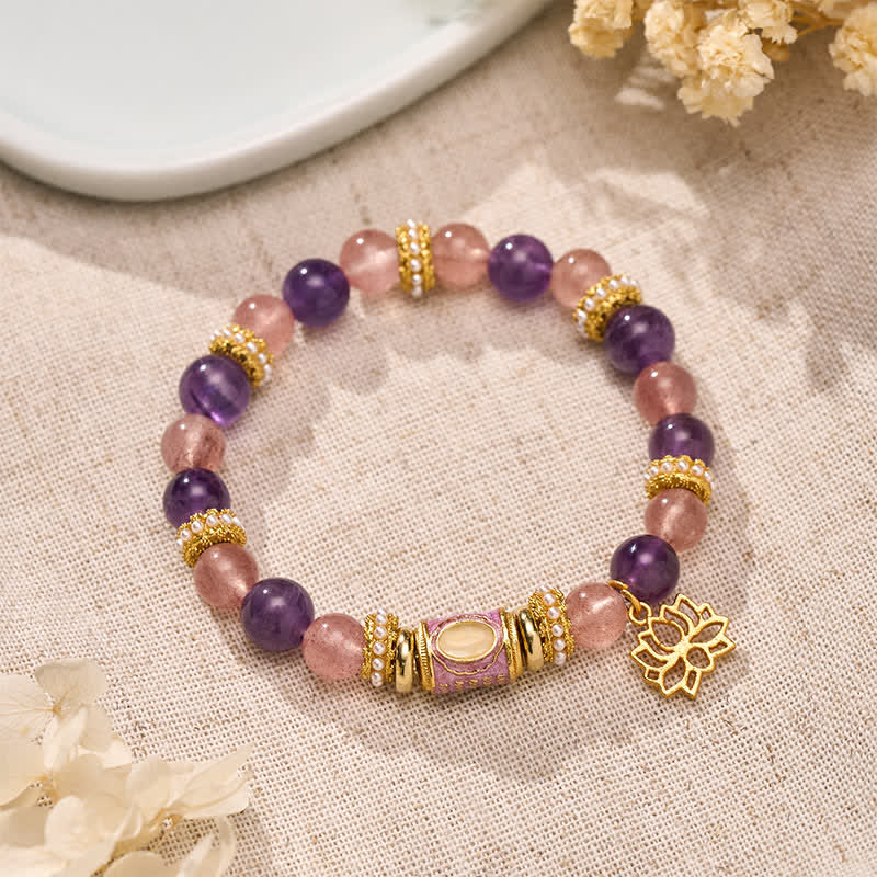 Nimara Ritual Natural Amethyst Strawberry Quartz Enamel Barrel Bead Lotus Pendant Calm Hand Polished Round Bead Bracelet