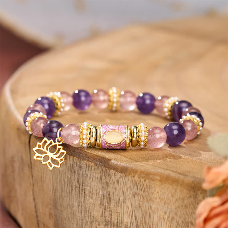 Nimara Ritual Natural Amethyst Strawberry Quartz Enamel Barrel Bead Lotus Pendant Calm Hand Polished Round Bead Bracelet