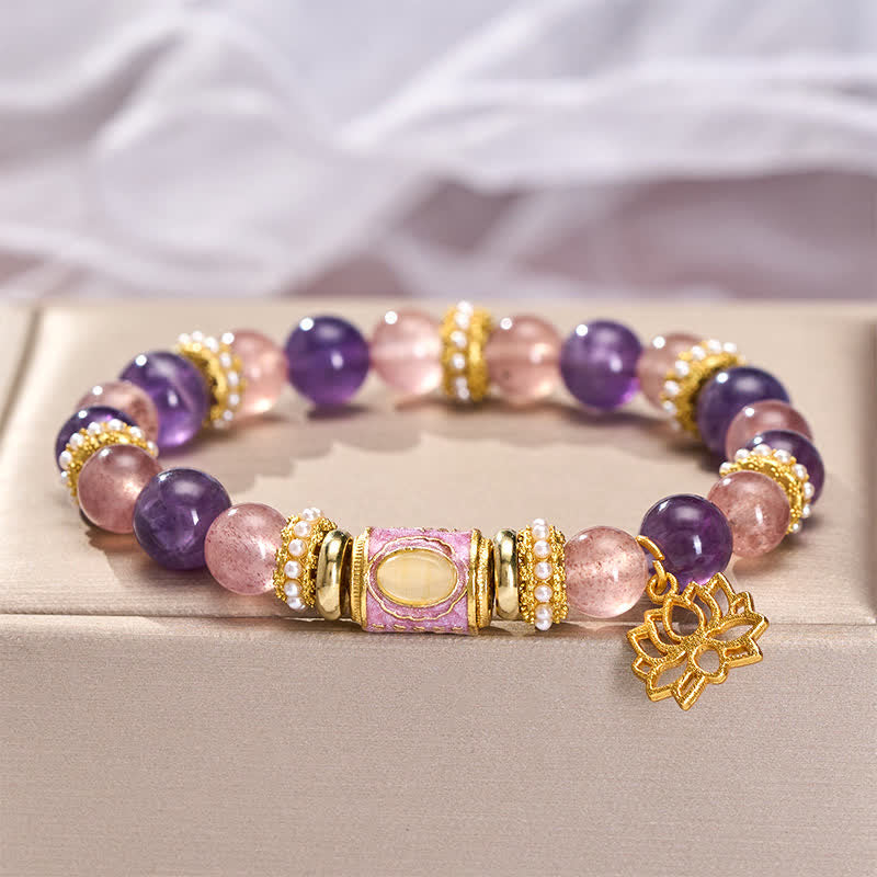 Nimara Ritual Natural Amethyst Strawberry Quartz Enamel Barrel Bead Lotus Pendant Calm Hand Polished Round Bead Bracelet