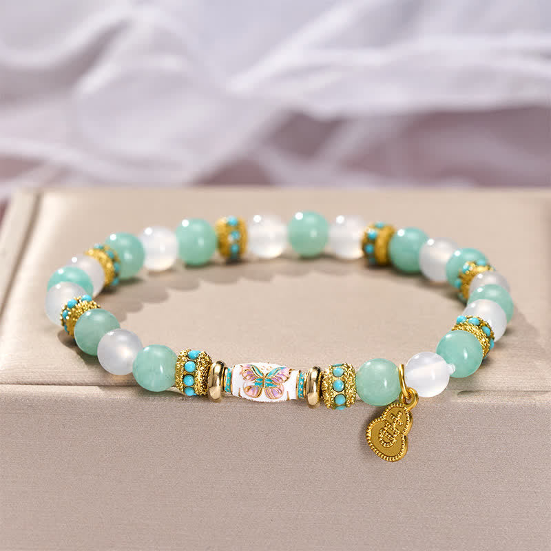 Nimara Ritual Amazonite White Agate Enamel Barrel Bead Butterfly Hand Polished Round Bead Bracelet