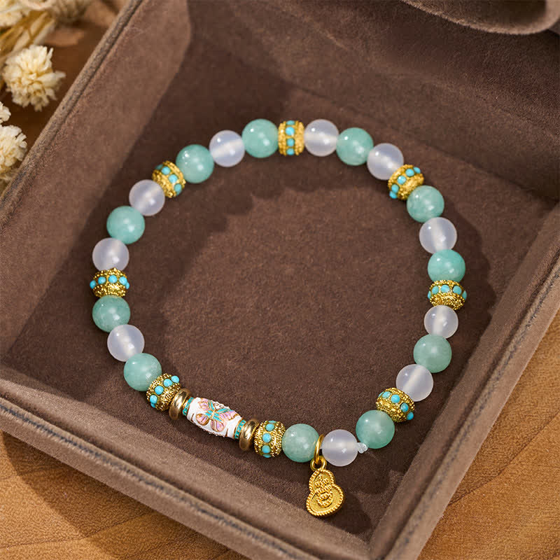 Nimara Ritual Amazonite White Agate Enamel Barrel Bead Butterfly Hand Polished Round Bead Bracelet