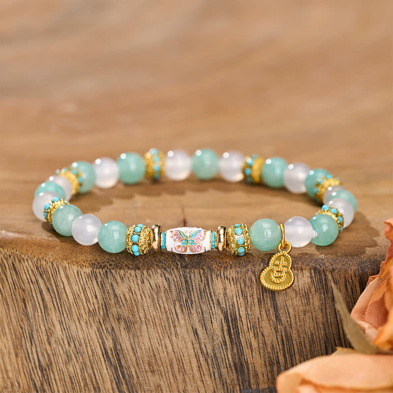 Nimara Ritual Amazonite White Agate Enamel Barrel Bead Butterfly Hand Polished Round Bead Bracelet