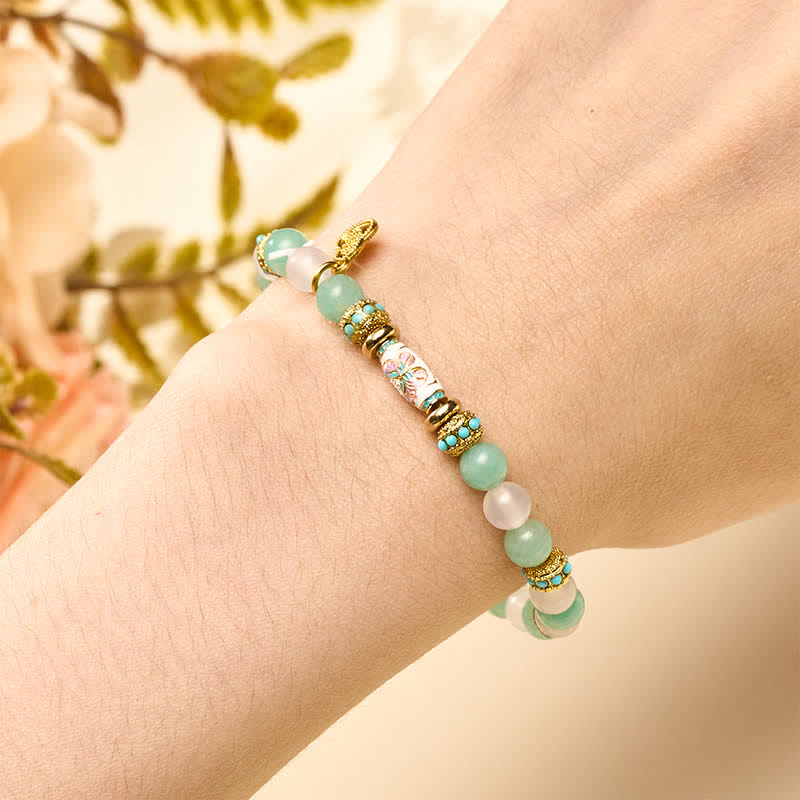 Nimara Ritual Amazonite White Agate Enamel Barrel Bead Butterfly Hand Polished Round Bead Bracelet