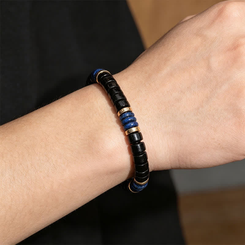 Serenity and Support Lapis Lazuli Black Onyx Cube Bead Bracelet