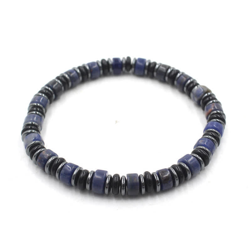 Nimara Ritual Black Obsidian Hematite Hand Polished Ethnic Luck Flat Bead Bracelet