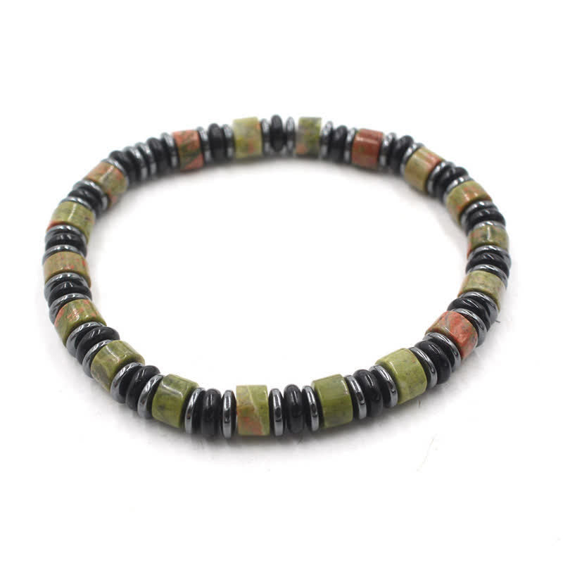 Transformation and Strength Black Obsidian Hematite Ethnic Flat Bead Bracelet