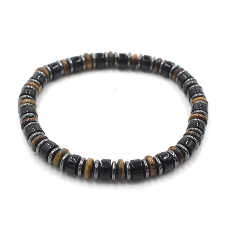 Transformation and Strength Black Obsidian Hematite Ethnic Flat Bead Bracelet