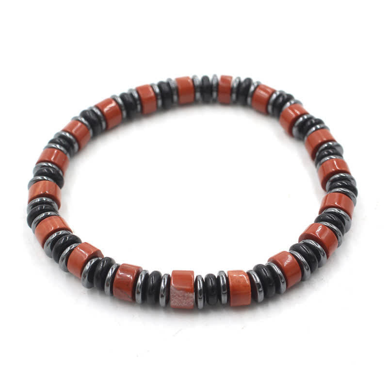 Transformation and Strength Black Obsidian Hematite Ethnic Flat Bead Bracelet