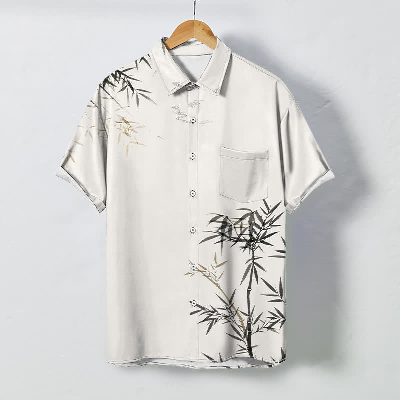 Nimara Ritual Ink Bamboo Leaf Pattern Buttons Wrinkle-resistant Men's Short Sleeve Shirt