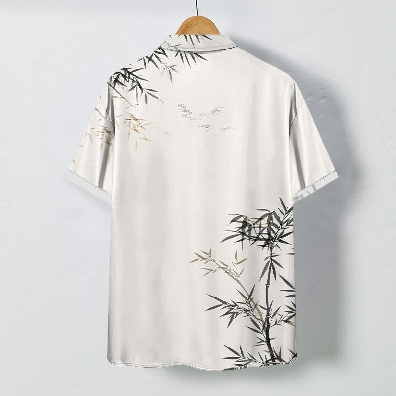 Nimara Ritual Ink Bamboo Leaf Pattern Buttons Wrinkle-resistant Men's Short Sleeve Shirt