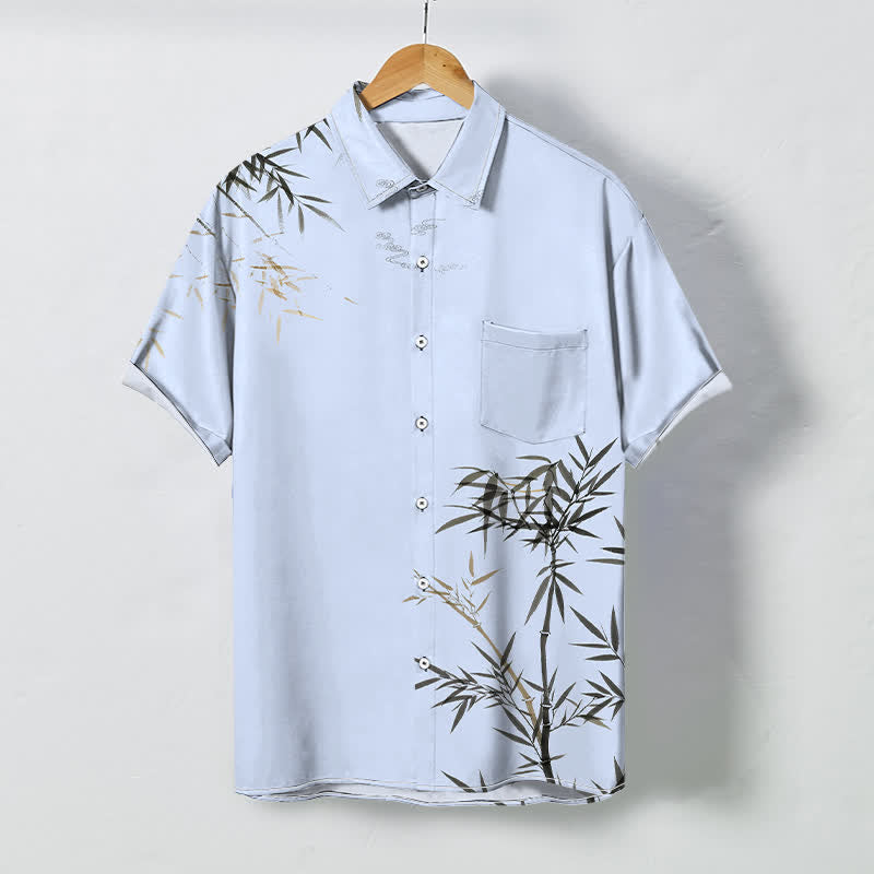Nimara Ritual Ink Bamboo Leaf Pattern Buttons Wrinkle-resistant Men's Short Sleeve Shirt