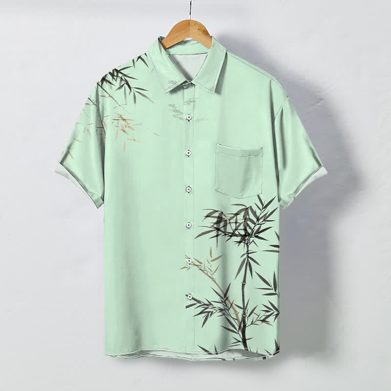 Nimara Ritual Ink Bamboo Leaf Pattern Buttons Wrinkle-resistant Men's Short Sleeve Shirt
