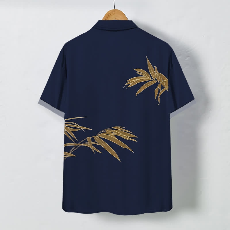Nimara Ritual Golden Bamboo Leaf Pattern Buttons Breathable Men's Short Sleeve Shirt