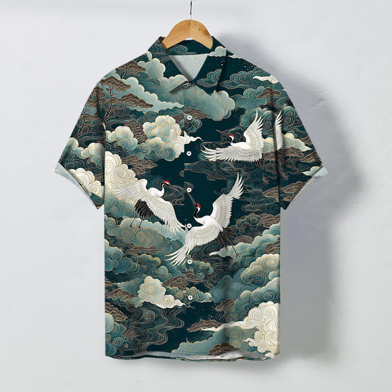 Nimara Ritual Oriental Crane Cloud Wave Pattern Buttons Breathable Men's Short Sleeve Shirt