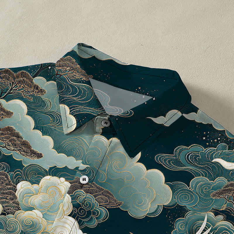 Nimara Ritual Oriental Crane Cloud Wave Pattern Buttons Breathable Men's Short Sleeve Shirt
