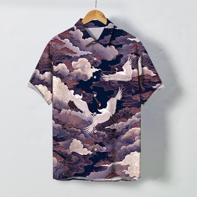 Nimara Ritual Oriental Crane Cloud Wave Pattern Buttons Breathable Men's Short Sleeve Shirt