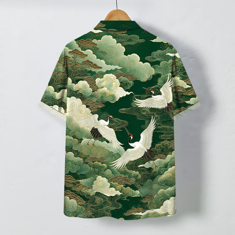 Nimara Ritual Oriental Crane Cloud Wave Pattern Buttons Breathable Men's Short Sleeve Shirt