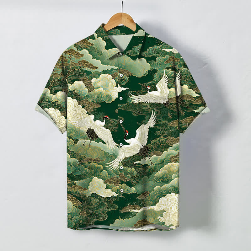 Nimara Ritual Oriental Crane Cloud Wave Pattern Buttons Breathable Men's Short Sleeve Shirt