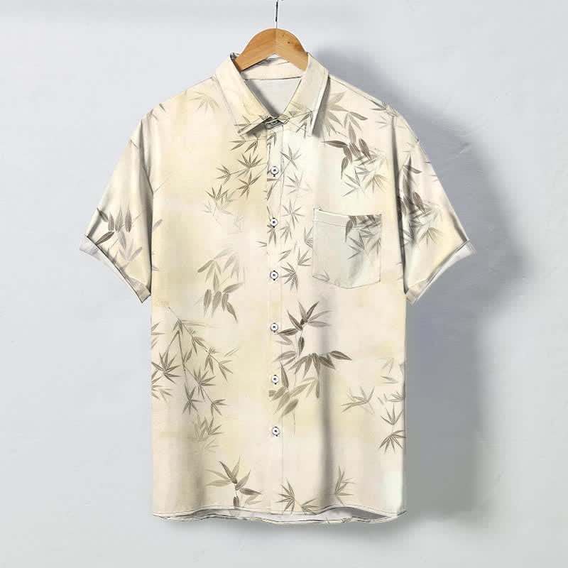 Nimara Ritual Bamboo Leaf Pattern Buttons Wrinkle-resistant Men's Short Sleeve Shirt
