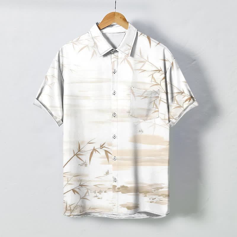 Nimara Ritual Bamboo Leaf Ink Landscape Pattern Buttons Wrinkle-resistant Men's Short Sleeve Shirt