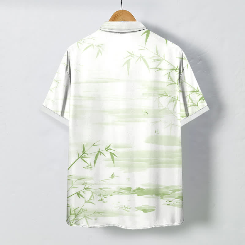 Nimara Ritual Bamboo Leaf Ink Landscape Pattern Buttons Wrinkle-resistant Men's Short Sleeve Shirt