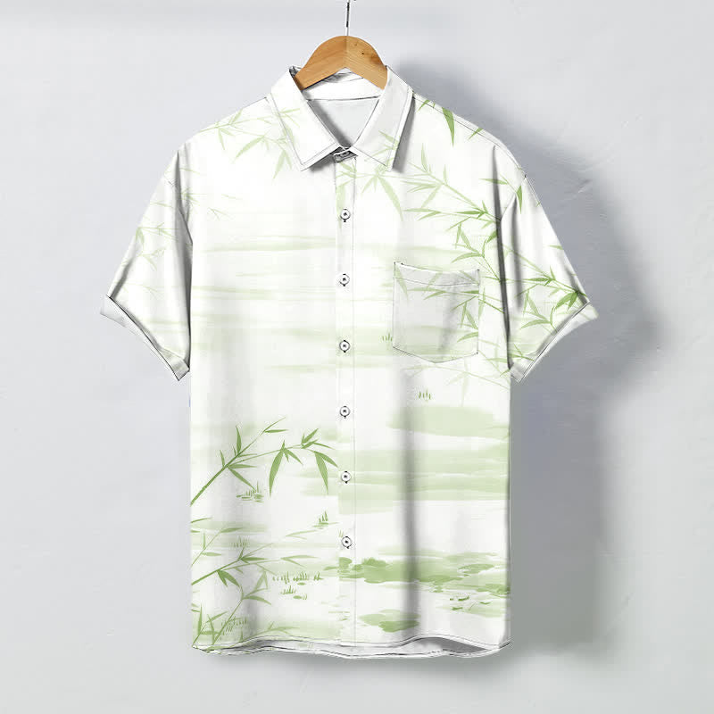 Nimara Ritual Bamboo Leaf Ink Landscape Pattern Buttons Wrinkle-resistant Men's Short Sleeve Shirt