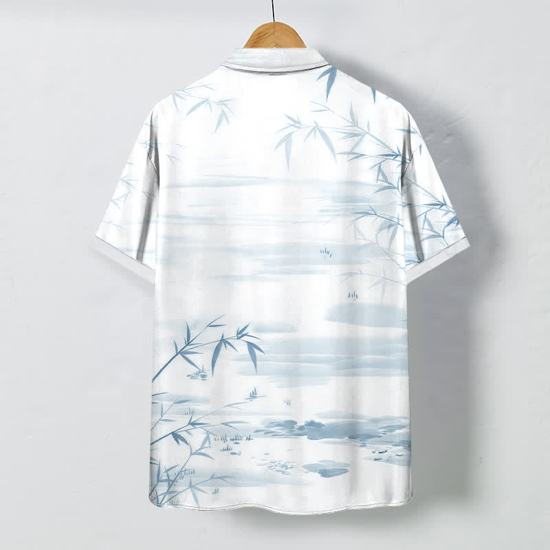 Nimara Ritual Bamboo Leaf Ink Landscape Pattern Buttons Wrinkle-resistant Men's Short Sleeve Shirt
