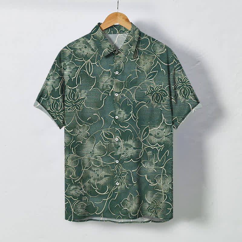 Nimara Ritual Indigo Floral Vine Pattern Buttons Wrinkle-resistant Men's Short Sleeve Shirt