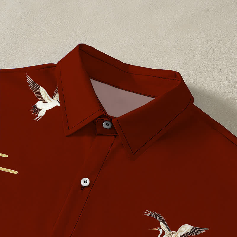 Nimara Ritual Crane Cloud Pattern Buttons Wrinkle-resistant Men's Short Sleeve Shirt