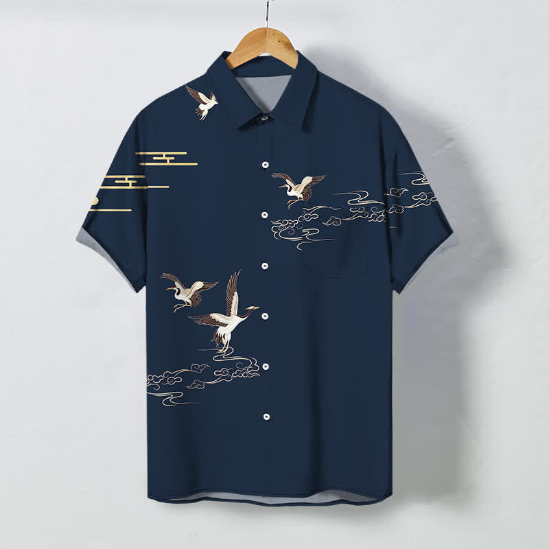 Nimara Ritual Crane Cloud Pattern Buttons Wrinkle-resistant Men's Short Sleeve Shirt