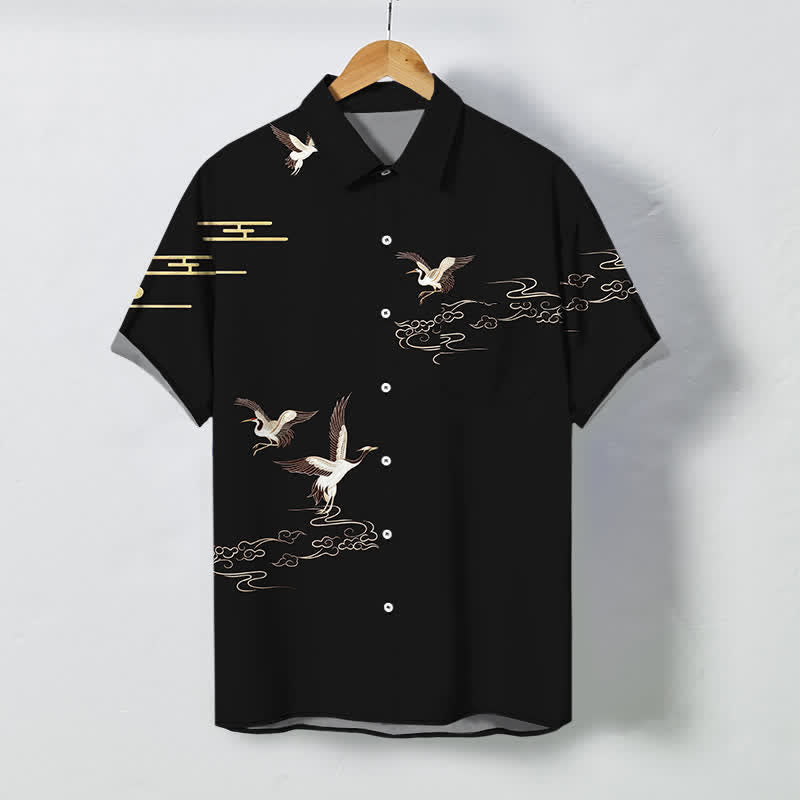 Nimara Ritual Crane Cloud Pattern Buttons Wrinkle-resistant Men's Short Sleeve Shirt