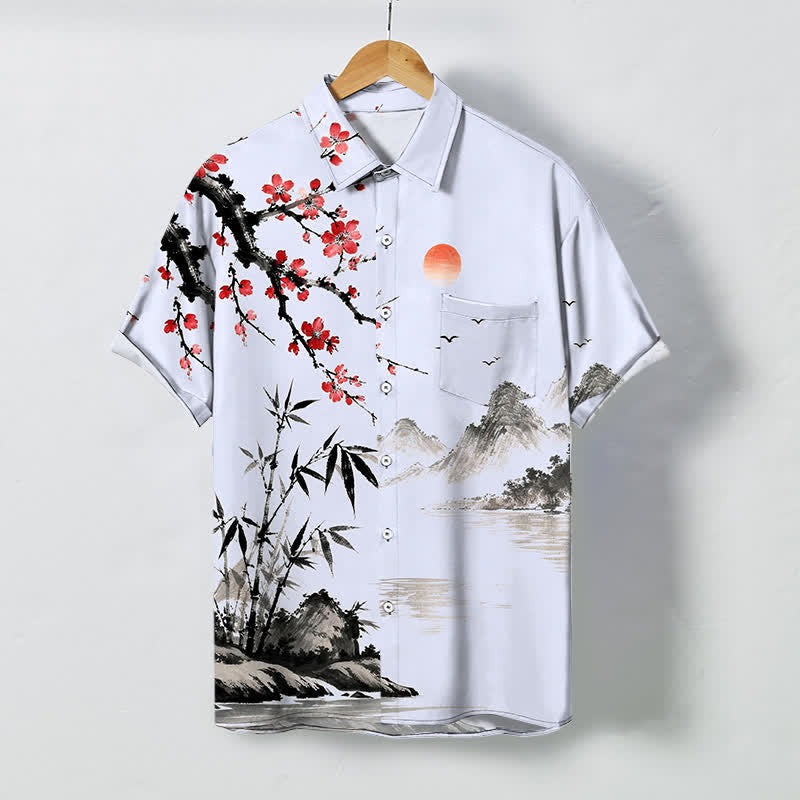 Nimara Ritual Ink Landscape Bamboo Blossom Sunset Pattern Buttons Breathable Men's Short Sleeve Shirt