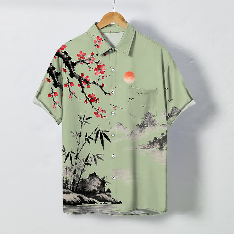 Nimara Ritual Ink Landscape Bamboo Blossom Sunset Pattern Buttons Breathable Men's Short Sleeve Shirt