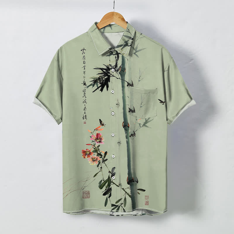 Nimara Ritual Ink Bamboo Blossom Bird Calligraphy Pattern Buttons Breathable Men's Short Sleeve Shirt