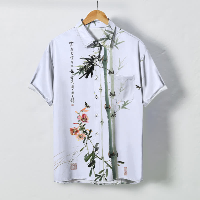 Nimara Ritual Ink Bamboo Blossom Bird Calligraphy Pattern Buttons Breathable Men's Short Sleeve Shirt