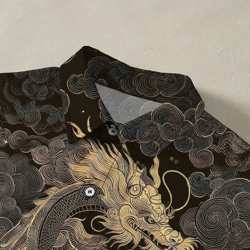 Nimara Ritual Golden Dragon Cloud Pattern Buttons Wrinkle-resistant Men's Short Sleeve Shirt
