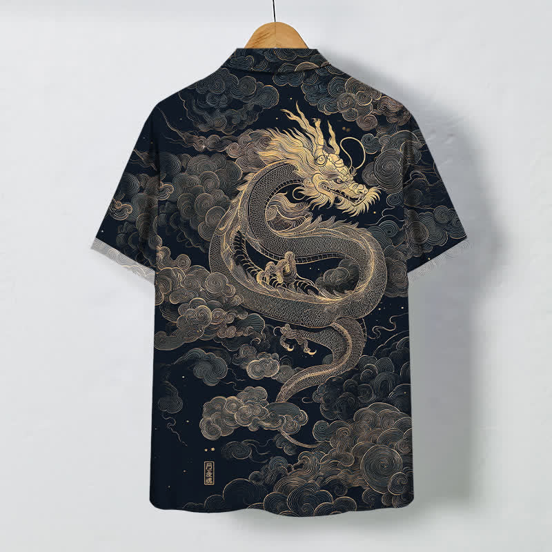Nimara Ritual Golden Dragon Cloud Pattern Buttons Wrinkle-resistant Men's Short Sleeve Shirt