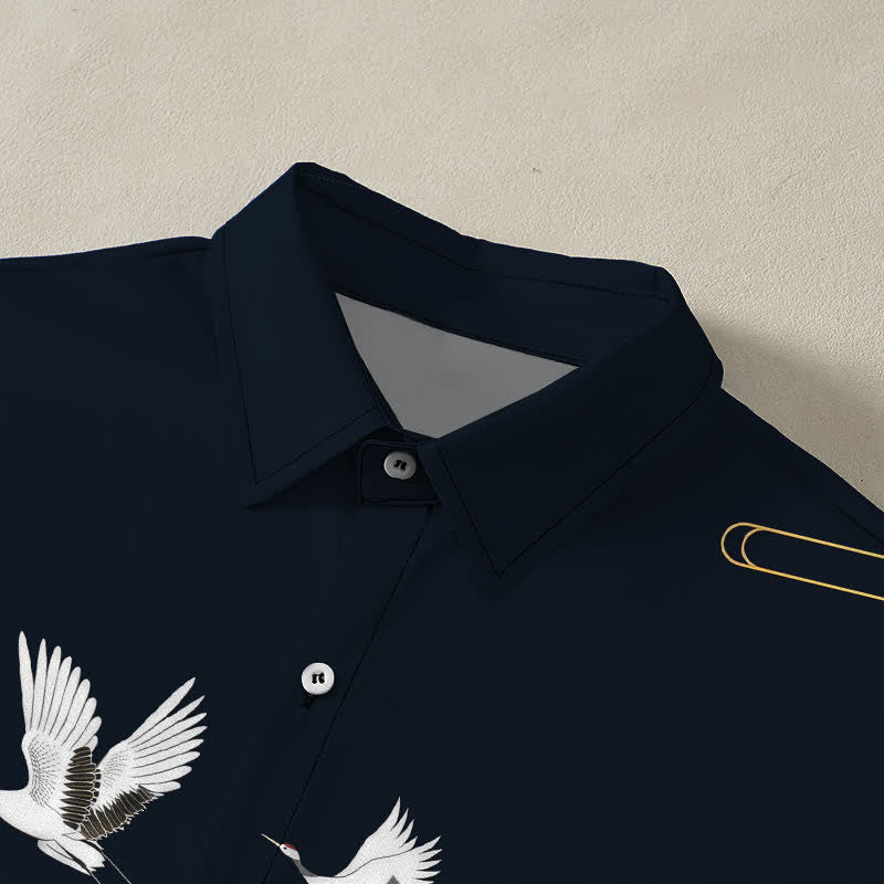 Nimara Ritual Crane Gold Wave Pattern Buttons Breathable Men's Short Sleeve Shirt