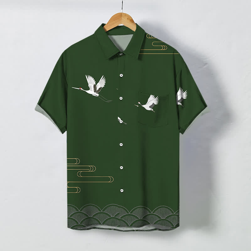 Nimara Ritual Crane Gold Wave Pattern Buttons Breathable Men's Short Sleeve Shirt