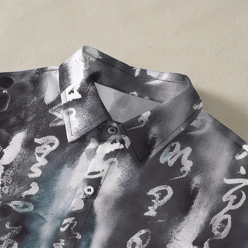 Nimara Ritual Calligraphy Floral Pattern Buttons Breathable Men's Short Sleeve Shirt