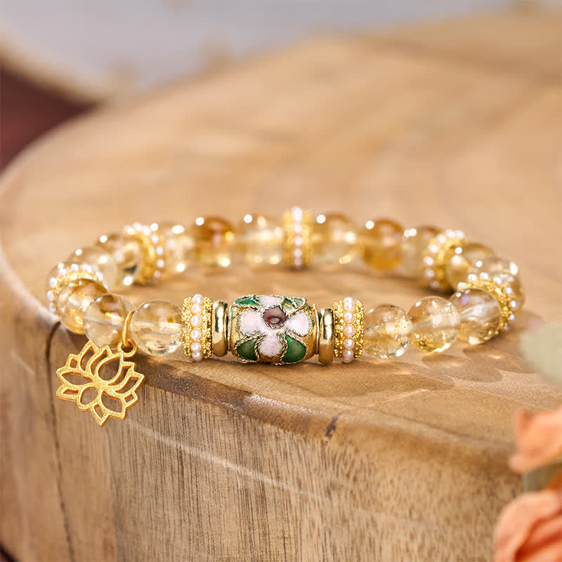 Nimara Ritual Citrine Lotus Pendant Enamel Barrel Bead Abundance Hand-polished Round Bead Bracelet
