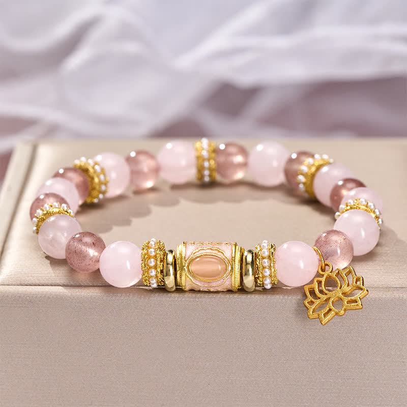 Nimara Ritual Natural Strawberry Quartz Rose Quartz Enamel Barrel Bead Clarity Round Bead Bracelet