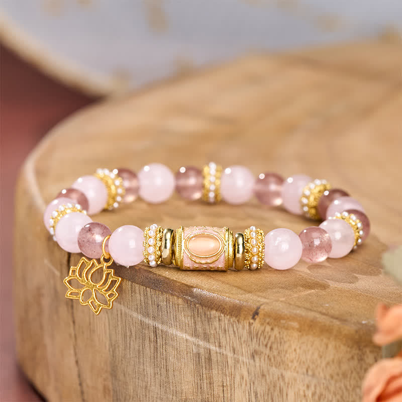 Nimara Ritual Natural Strawberry Quartz Rose Quartz Enamel Barrel Bead Clarity Round Bead Bracelet