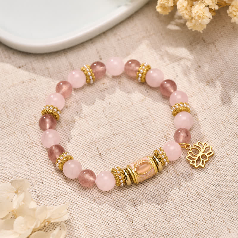 Nimara Ritual Natural Strawberry Quartz Rose Quartz Enamel Barrel Bead Clarity Round Bead Bracelet