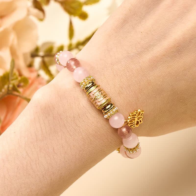 Nimara Ritual Natural Strawberry Quartz Rose Quartz Enamel Barrel Bead Clarity Round Bead Bracelet