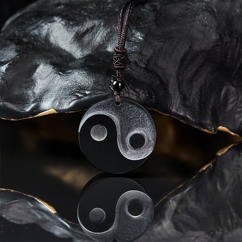 Balance and Strength Black Obsidian Yin Yang Round Pendant Necklace