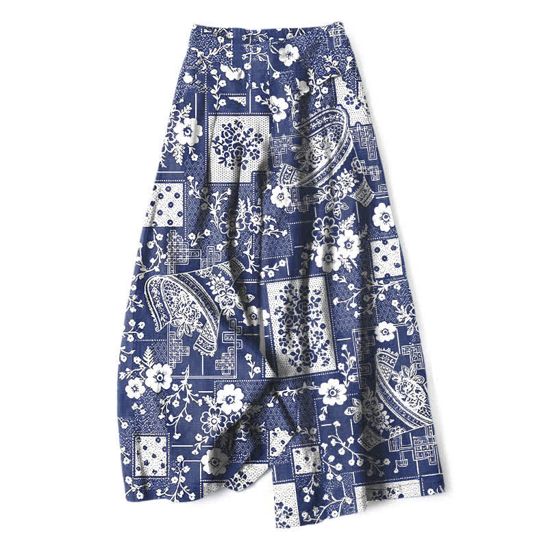 Nimara Ritual Cotton Linen Vintage Floral Geometric Patchwork Pattern Women's Elastic Waist Wide Leg Pants With Pockets